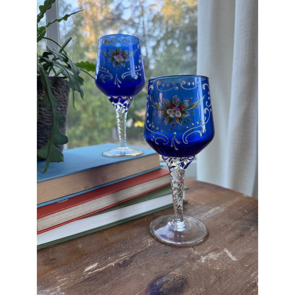 Vintage Murano Style Tre Fuochi Cobalt Wine Glasses Twisted Stem Gold Rim Pair